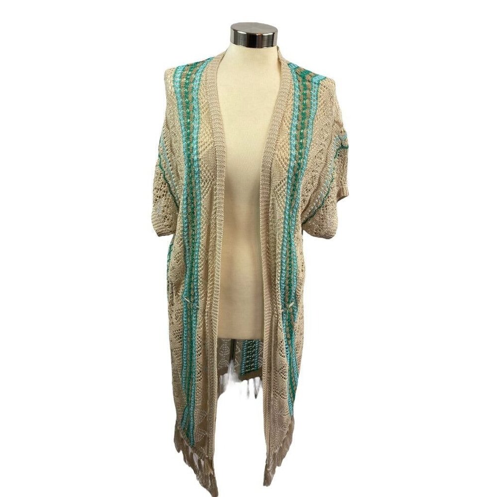 Small Chico's Women's Summer Linen Boho‎ Fringed Loose Knit Cardigan Sweater
